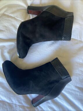 Sam Edelman Black Suede Ankle Booties with Textured Leather Heel